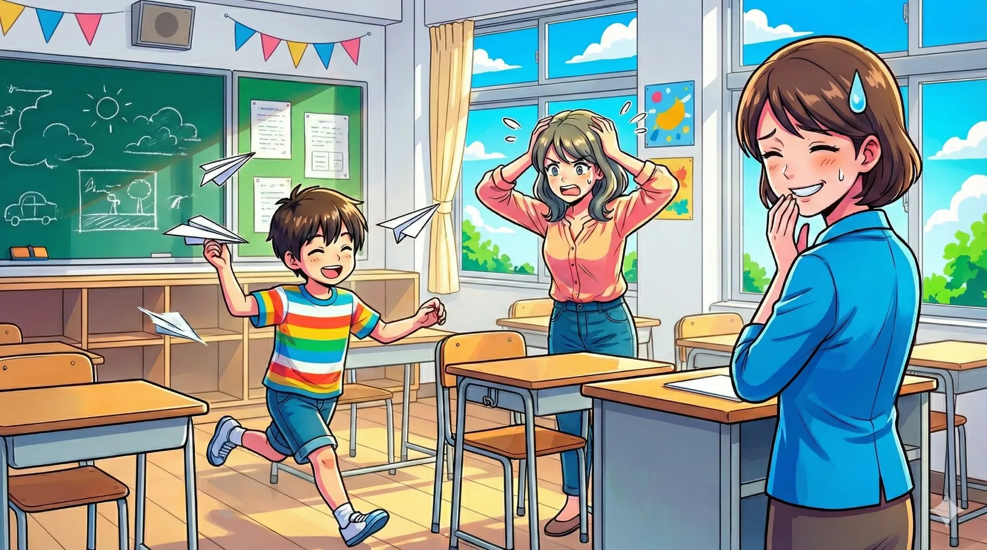 小学生の子供が落ち着きなく動き回り困った顔をしているお母さん