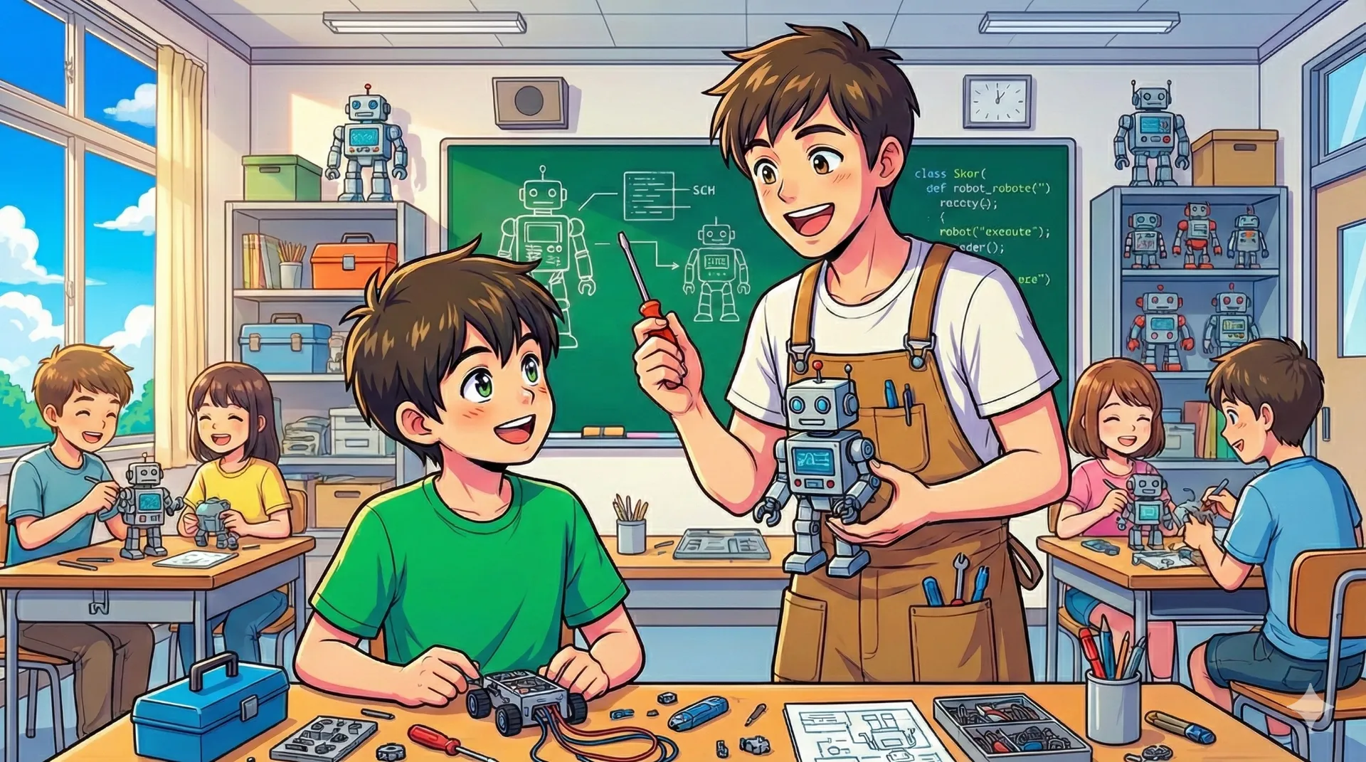 先生の説明を興味津々な目で聞いている子供