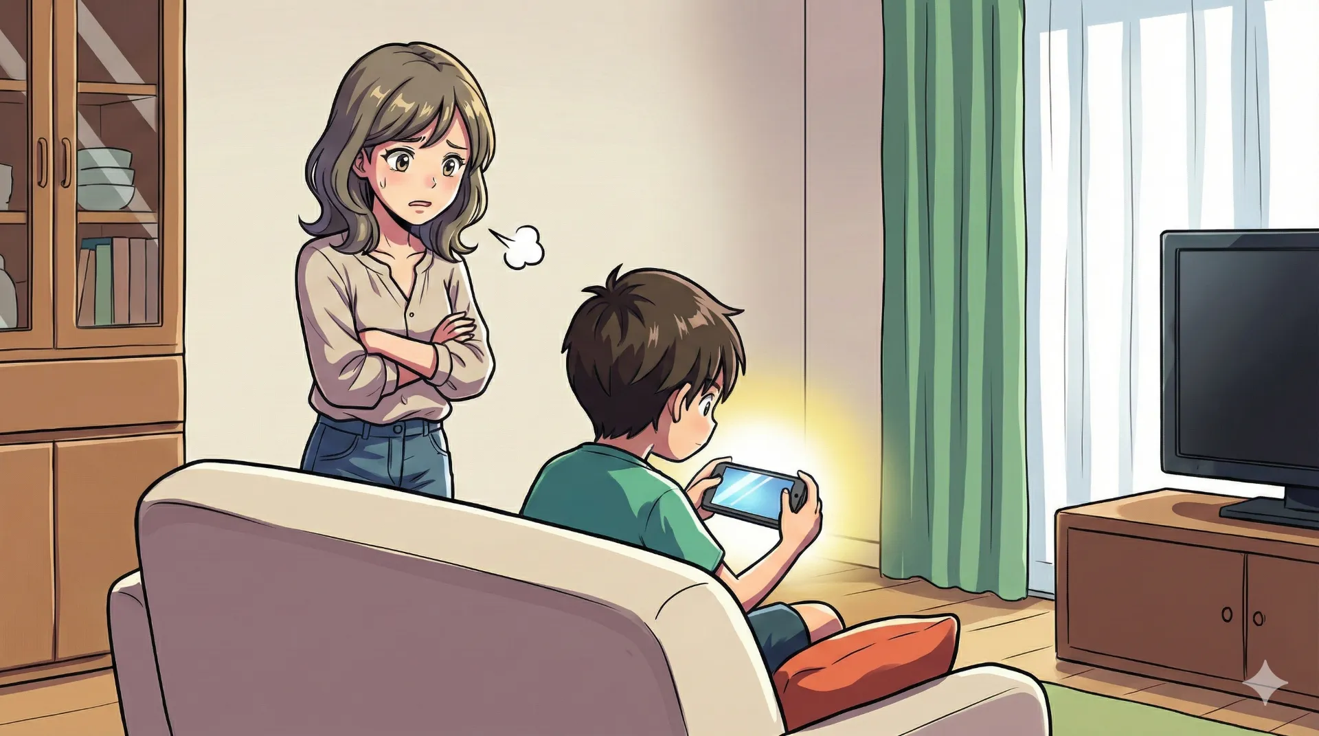 スマホを持ち動画に没頭している小学生の男の子。その背後で腕を組んで困った顔をしている母