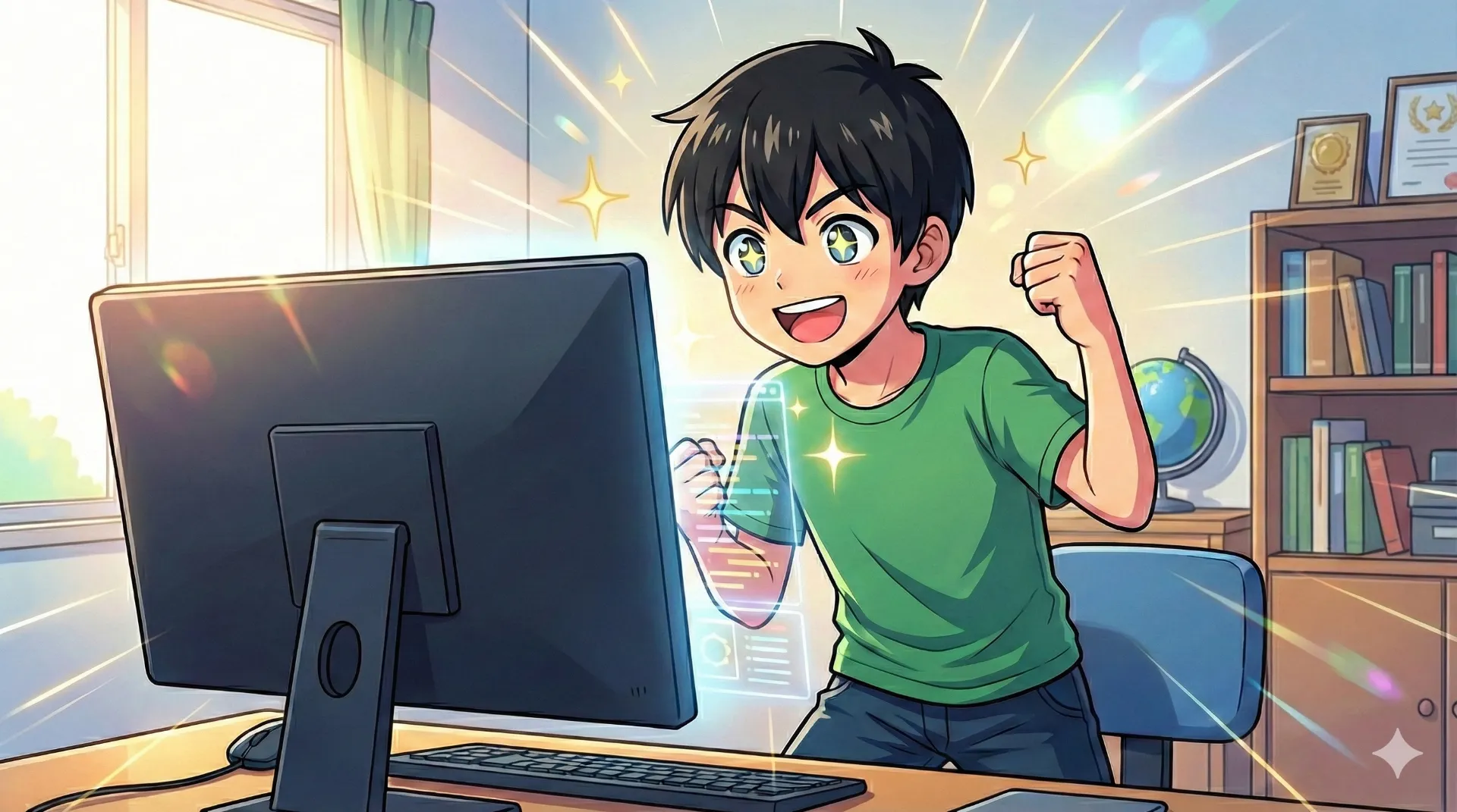 目を輝かせて「できた！」と喜んでいる男の子