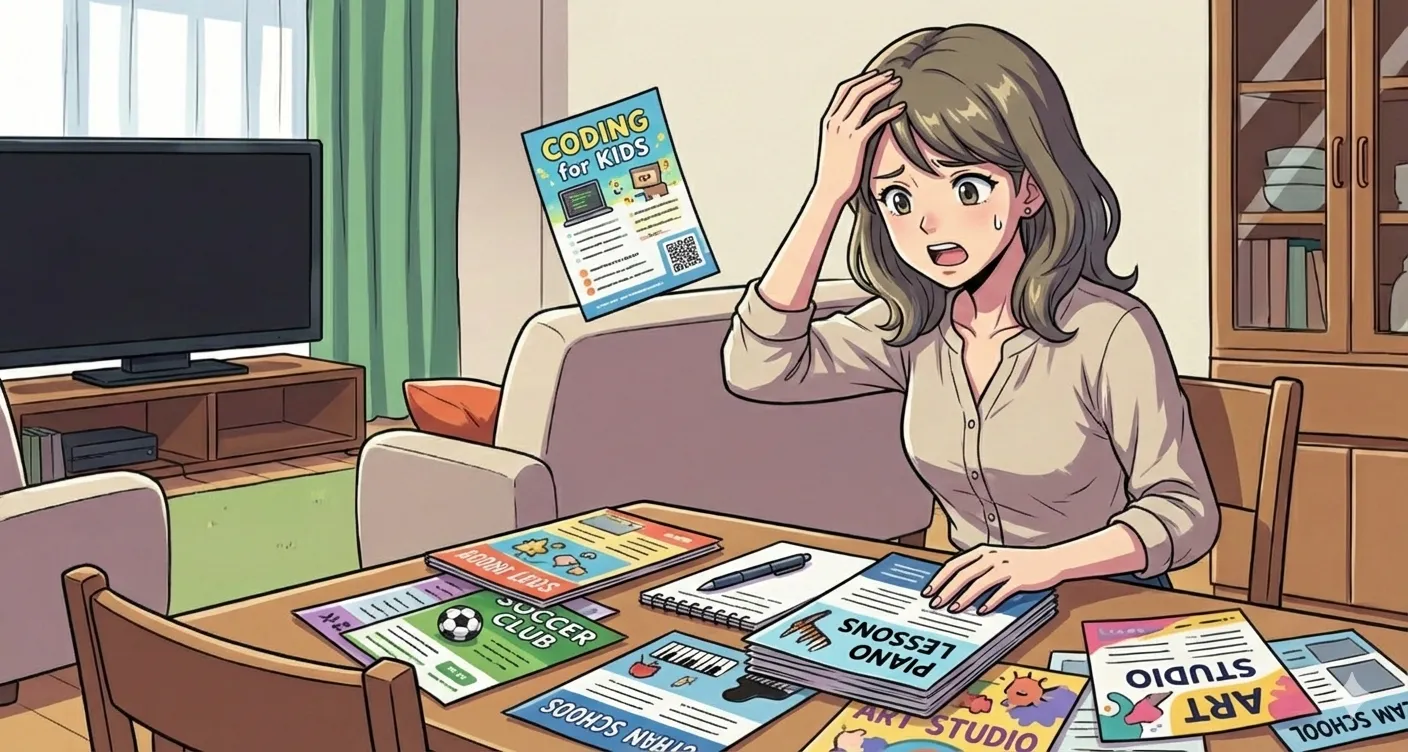 たくさんの習い事のチラシを見ながら、どれを選べばいいか困った顔をしているお母さんのイラスト。