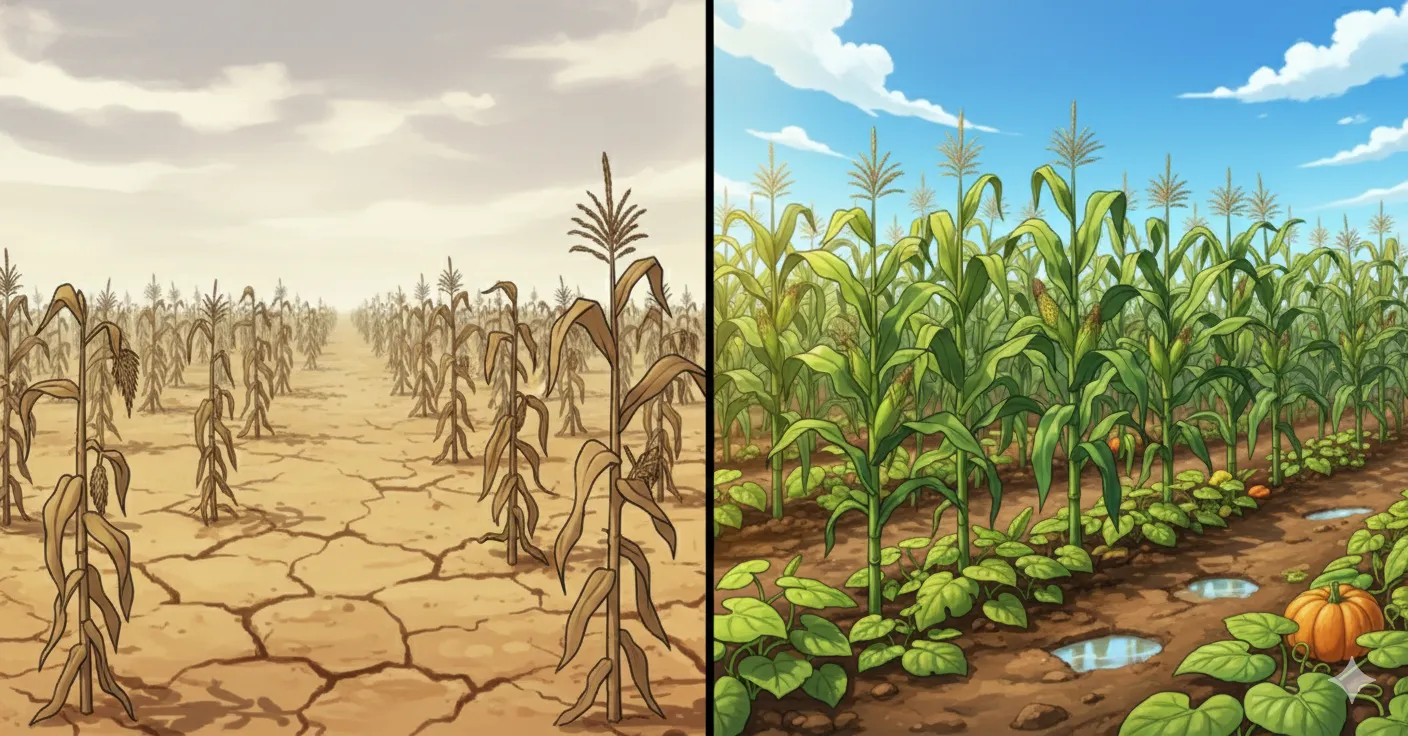 乾いた土には芽が出ず、耕された豊かな土には大きな芽が出る比較イラスト