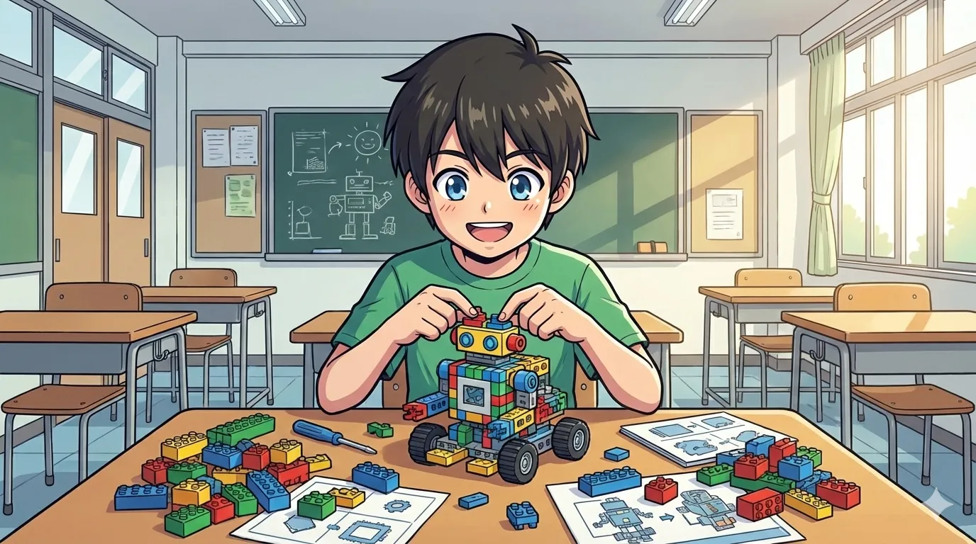 ロボット作りに目を輝かせて没頭している子どもの様子。周りが見えなくなるくらいの集中力。