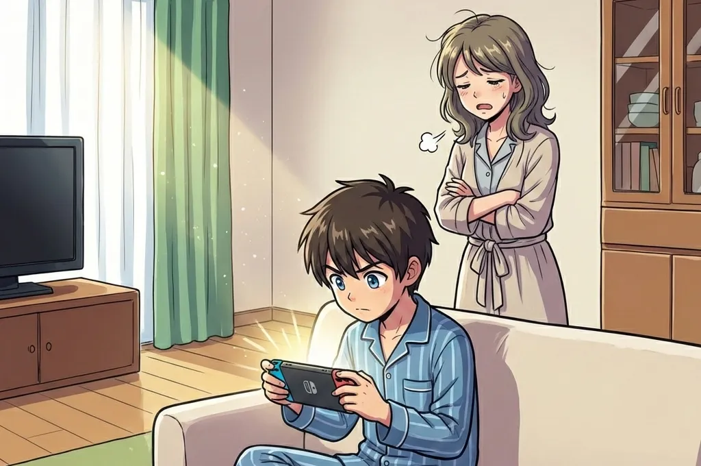 部屋でパジャマのままゲームをしていて、それを見守るお母さんがため息をついているイラスト。少し困っているお母さんの様子。