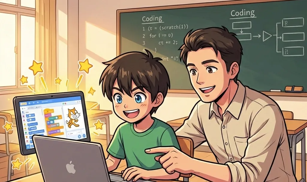 優しそうな男性の先生と一緒に、パソコンの画面を見ながら笑顔でプログラミングの作品を作っている子どものイラスト。「できた！」という喜びで自己肯定感が高まり、明るく生き生きとした表情を取り戻している様子。オレンジ色をアクセントカラーにした、温かく励まされるようなデザイン。