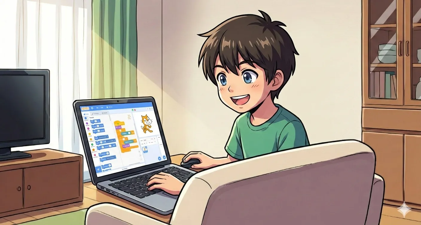 家でプログラミングをする男の子