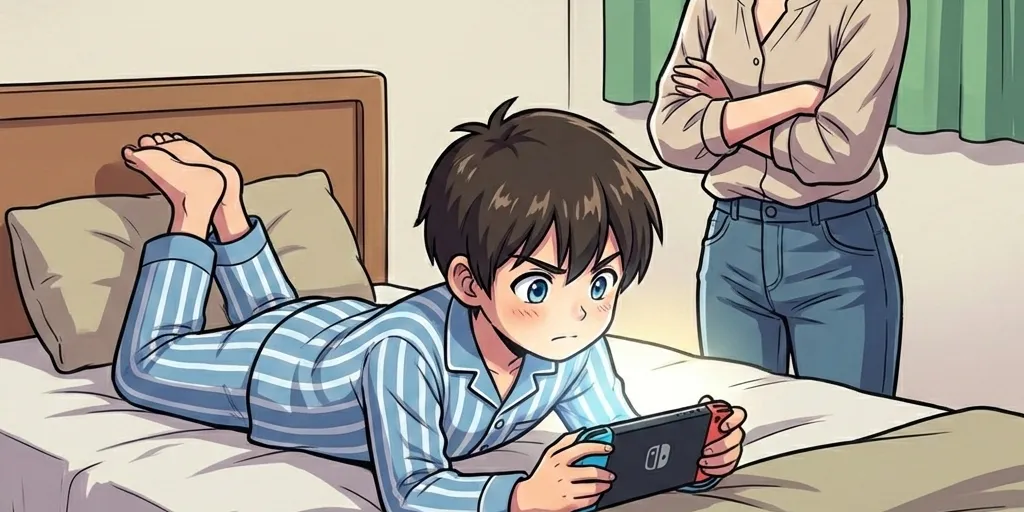 ベッドに寝転がってゲームをする男の子
