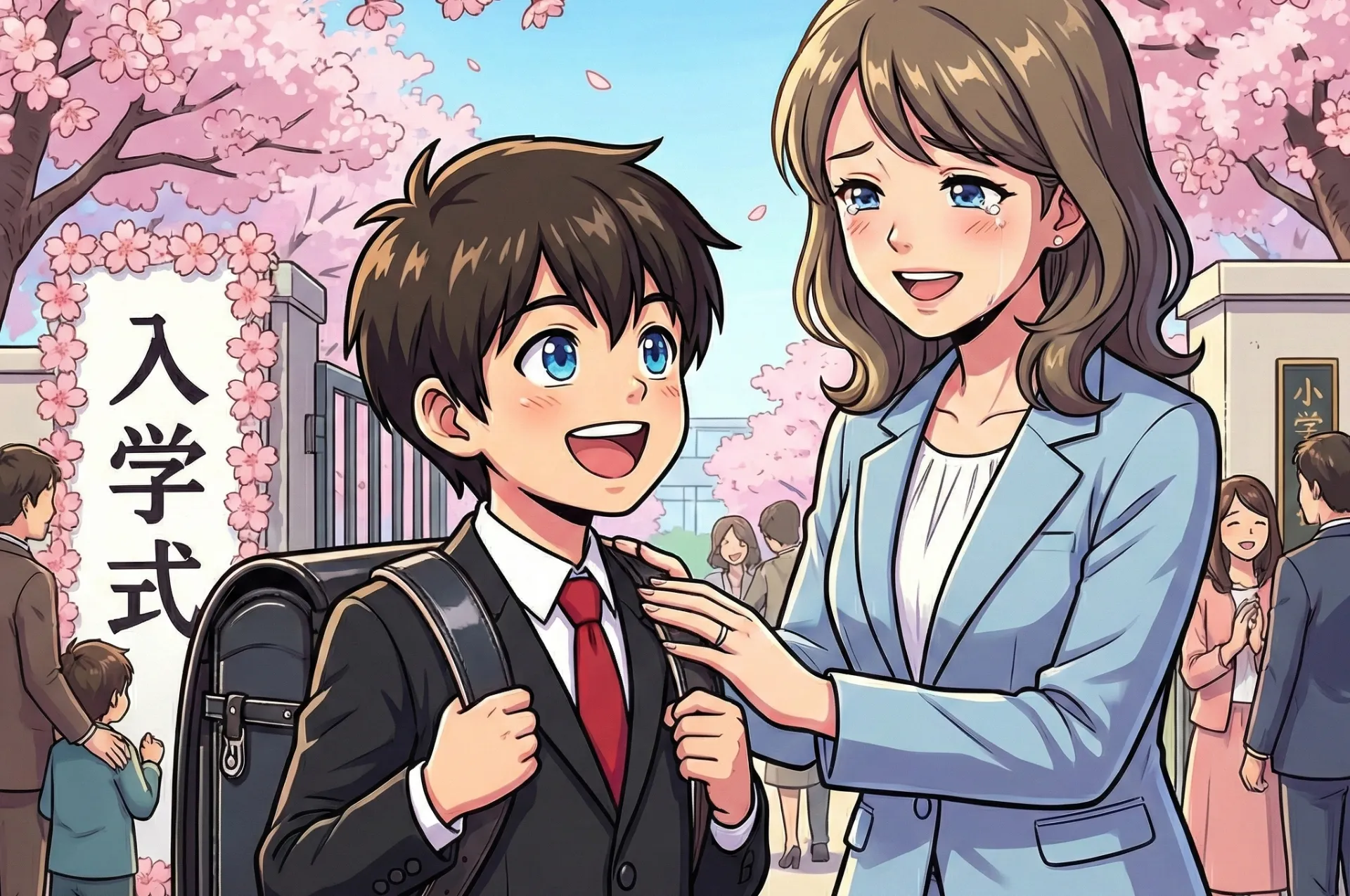 小学校の入学式を控え、笑顔で真新しいランドセルを背負う子供と、それを見守る安心した表情のお母さんの画像。背景には桜や春を感じさせる明るい雰囲気。