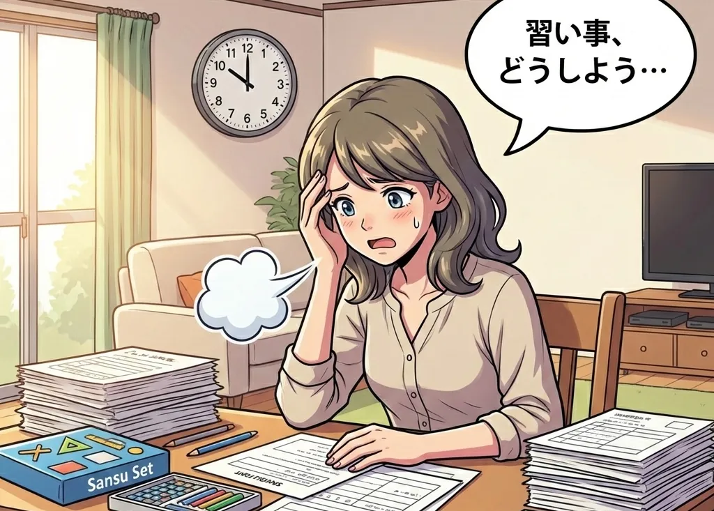 入学準備のプリントや算数セットなどに囲まれ、時計を見ながら忙しそうにため息をついているお母さんのイラスト。吹き出しで「習い事、どうしよう…」と悩んでいる。