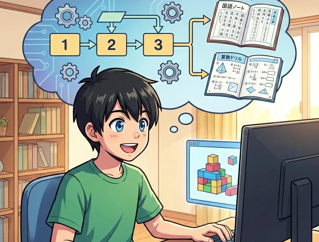 パソコン画面に向かってブロックを組み立てるように楽しくプログラミングをしている子供。頭の中に「論理的な道筋（1→2→3）」が浮かんでおり、それが国語のノートや算数のドリルに繋がっているイメージイラスト。