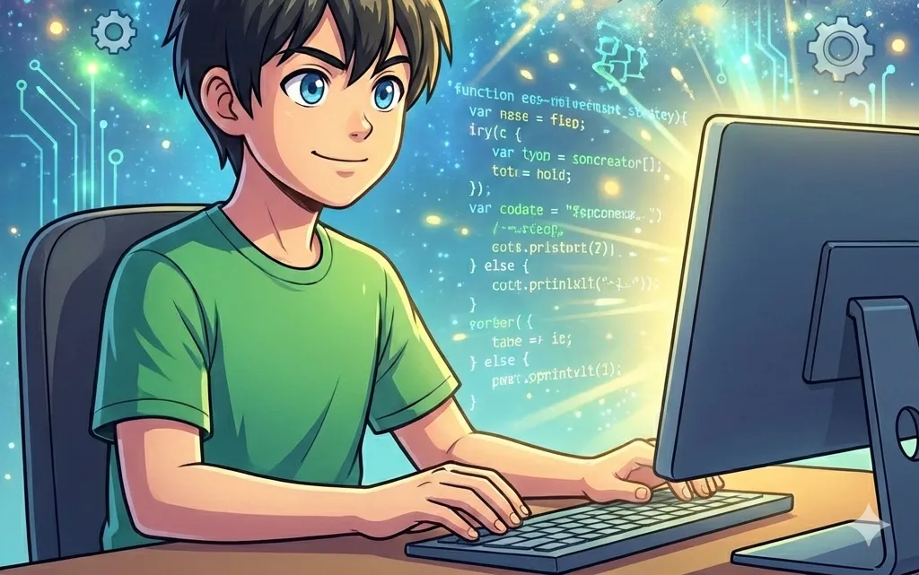 ゲームに没頭している男の子が、画面の中からプログラミングのコードや未来の可能性が広がっていくような、希望を感じさせる明るい雰囲気の画像。