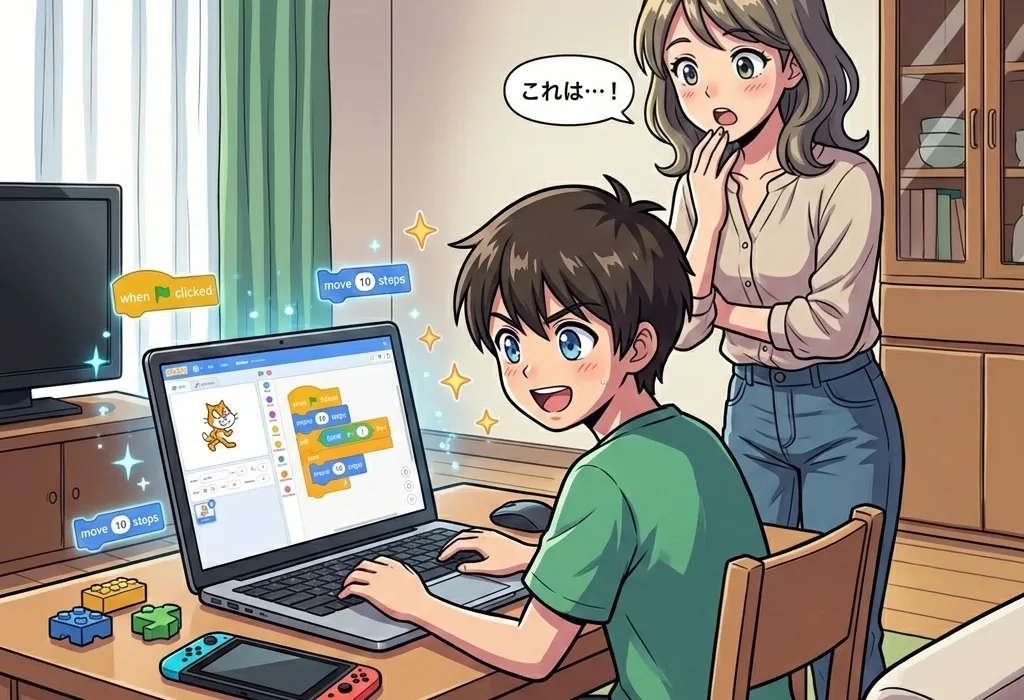 ゲーム機を置いてパソコンに向かい、自分でゲームをプログラミングしている小学生の男の子。目を輝かせて没頭している様子。
