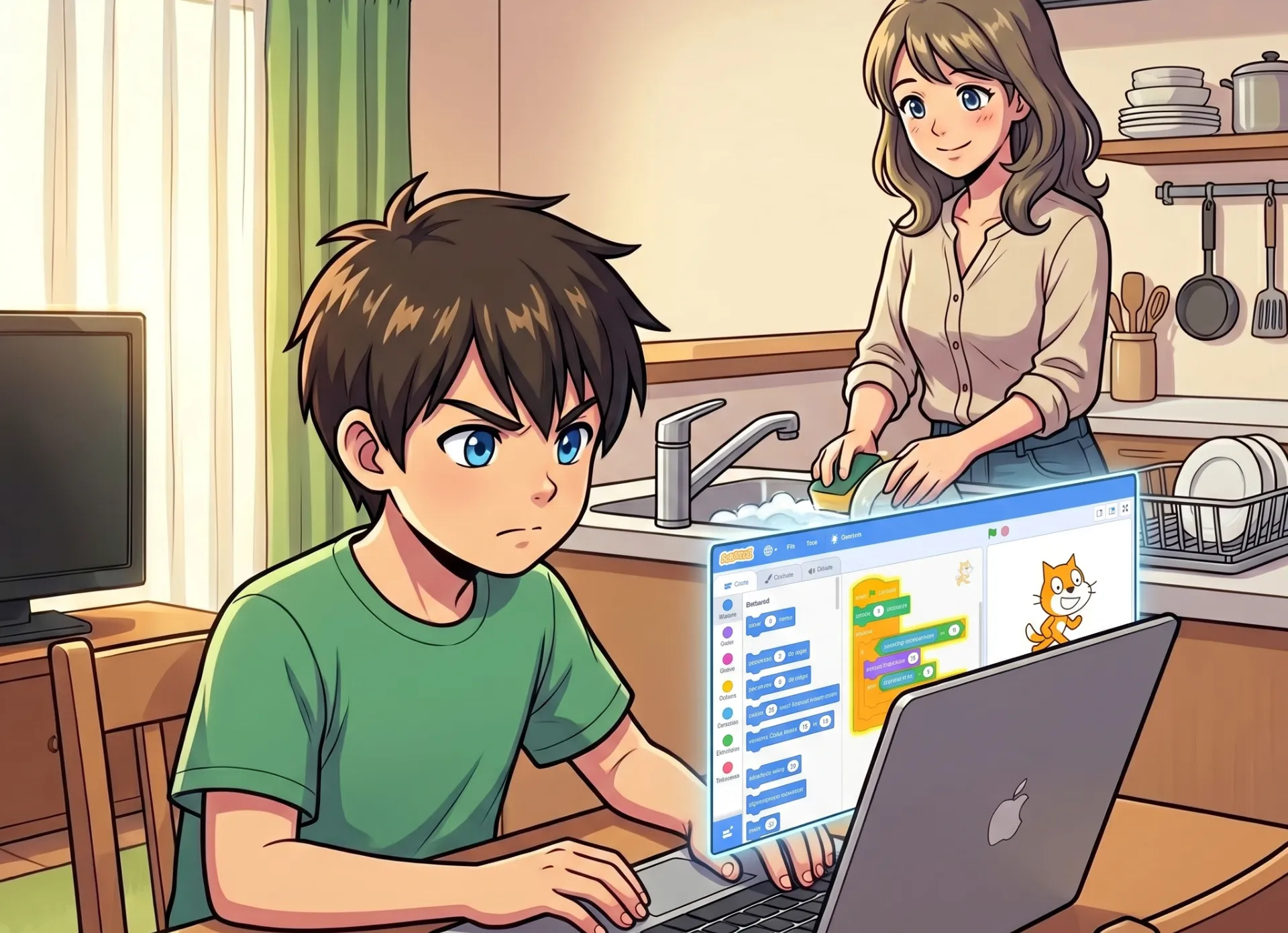 [画像：PC画面を真剣に見つめるお子様と、それを後ろで優しく見守るお母さんの写真。全体的に明るく温かい雰囲気]