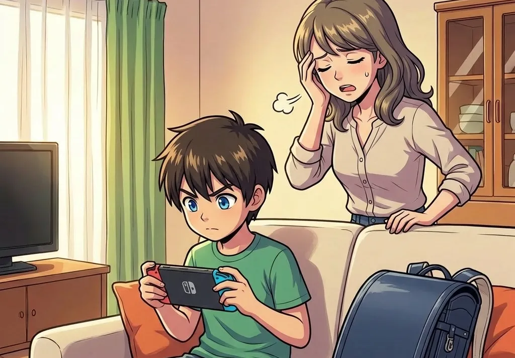 [画像：夜、リビングでゲームに夢中な子供を遠くから心配そうに見つめるお母さんの姿]